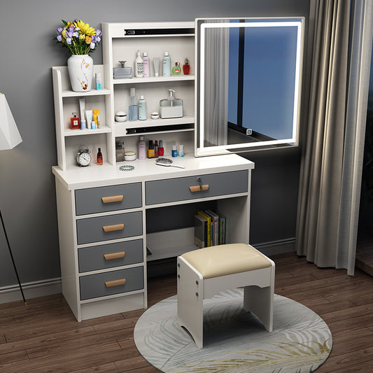 OUO White Vanity Dressing Table Desk with Adjustable LED Lights Mirror and Stool, Drawers