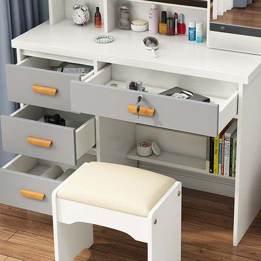 OUO White Vanity Dressing Table Desk with Adjustable LED Lights Mirror and Stool, Drawers